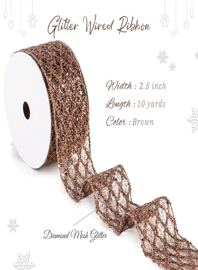 MAYREEL 2.5 Inch Brown Wired Ribbon Glitter Copper for Thanksgiving Christmas Decorations Gift Wrapping Wreath Supplies Tree Toppers 10 Yards - Image 2